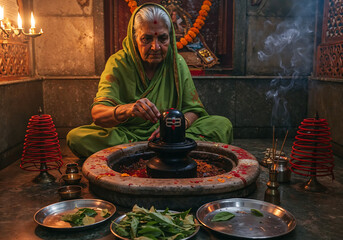 Hindu Woman in Green Silk Saree Offering Sandalwood and Vermillion to Shiva Lingam