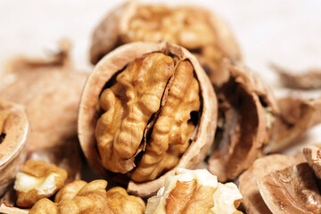 Close up of cracked walnuts
