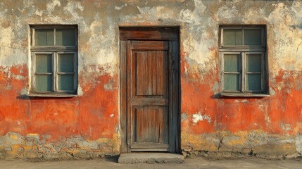 Weathered facade with door and windows