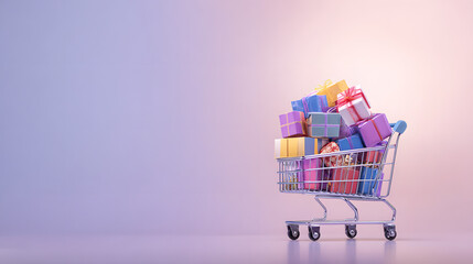 A shopping cart filled with vibrant gift boxes, illustrating the convenience of online shopping.