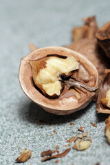 Close up of cracked walnuts