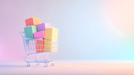 A shopping cart filled with vibrant gift boxes, illustrating the convenience of online shopping.