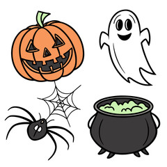 Halloween characters pumpkin ghost spider cauldron vector