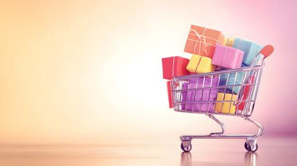 A shopping cart filled with vibrant gift boxes, illustrating the convenience of online shopping.
