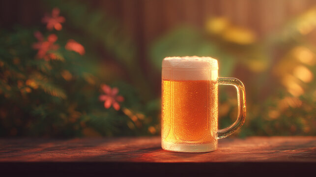 cold beer in a frosty mug on rustic wooden table at sunset — ideal for celebrating international beer day, pub advertising, brewery promotion, or seasonal social media campaigns