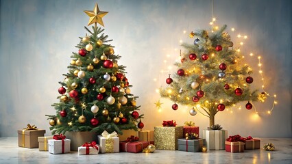 Two beautifully decorated christmas trees with presents underneath on a soft background