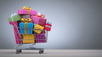 A shopping cart filled with vibrant gift boxes, illustrating the convenience of online shopping.