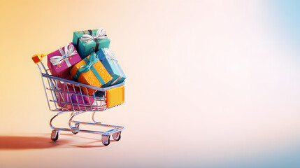 A shopping cart filled with vibrant gift boxes, illustrating the convenience of online shopping.