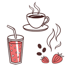 Hot coffee cup cold drink strawberries and coffee beans smoothie beverage