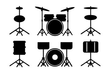 Collection of black drum set and cymbal icons on white background