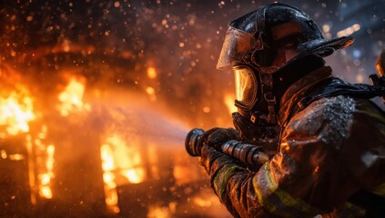 A firefighter bravely battles a raging fire, directing a powerful stream of water towards the inferno in a dramatic display of courage and determination.