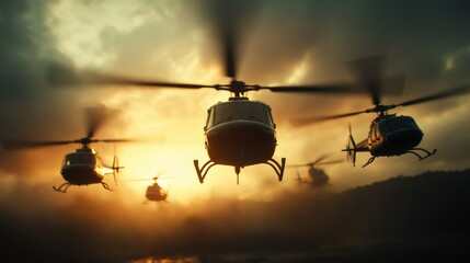 formation of military helicopters in flight, cloudy sky, dusk lighting, cinematic tone
