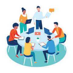 Office team collaboration flat vector scene isolated on white background