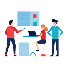 Team preparing for presentation setting up project isolated on white background