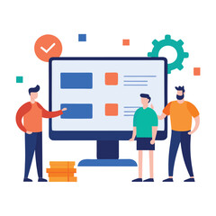 Team using project management software with gantt chart isolated on white background