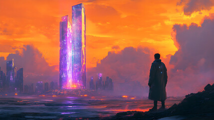 Fototapeta premium Lone figure standing amidst a deserted metropolis filled with surreal futuristic towers, haunting fantasy digital painting of isolation and dystopian wonder