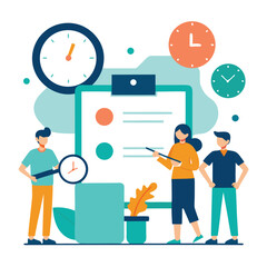 Team working efficiently with clocks isolated on white background