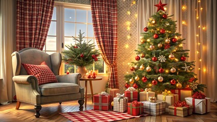 Cozy christmas living room with decorated tree and armchair