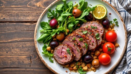 a mediterranean style plate with lamb, olives, and leafy greens, ideal for blood type o, top down flat lay shot