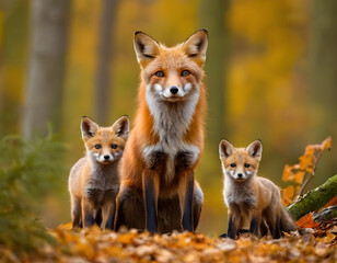 Fototapeta premium A red fox with her beautiful babies in autumn in the forest. red fox in the woods.