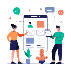 Ux design team working on mobile app interface isolated on white background