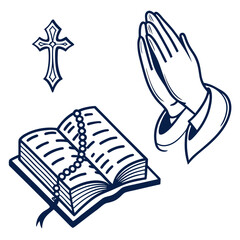 Open bible prayer hands cross rosary beads vector
