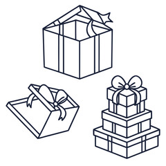 Open and stacked gift boxes with ribbons present open box