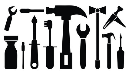 Set of 10 hand tools silhouettes isolated on white background