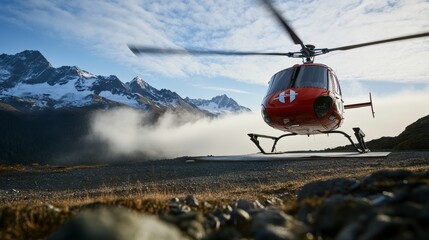 Obraz premium medical helicopter softly landing on mountain helipad, snow-capped peaks in view