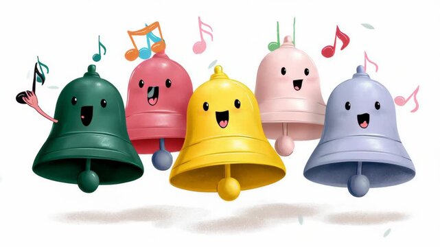 Colorful cartoon bells with smiling faces and musical notes, creating a cheerful atmosphere, showcasing vibrant colors and playful design, perfect for children's themes and joyful celebrations