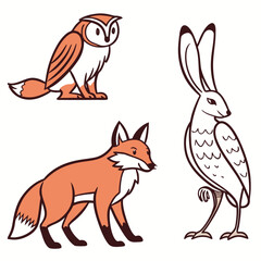 Obraz premium Orange fox owl and rabbit winter animals vector