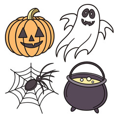 Orange pumpkin ghost spider web cauldron spooky icons halloween jack o lantern
