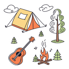 Orange tent green trees campfire guitar music notes clouds camping summer