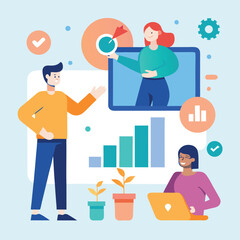 Social media campaign planning scene with marketing elements isolated on white background