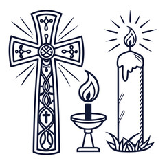 Ornate cross and burning candles with radiating light flame religious