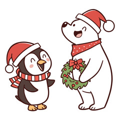 Penguin and polar bear wearing santa hats and scarves with christmas wreath scarf