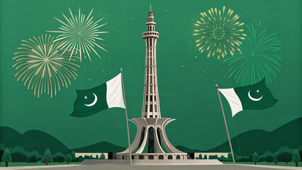 Celebrate Pakistan Independence Day with a vibrant Minar-e-Pakistan scene, national flags waving against a backdrop of festive fireworks and lush green landscape