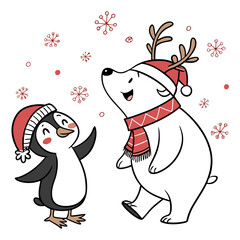 Penguin and polar bear wearing christmas hats and scarf winter holiday