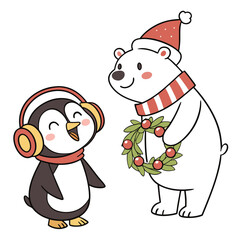 Penguin and polar bear with Christmas decorations holiday wreath