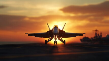 Next generation fighter jet taking off from carrier at sunset, advanced aerodynamic shape, realistic lighting