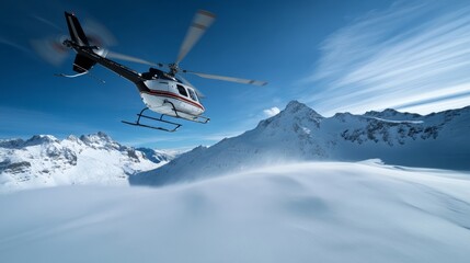 scenic shot of helicopter flying above snowy mountains, crisp air, blue tones