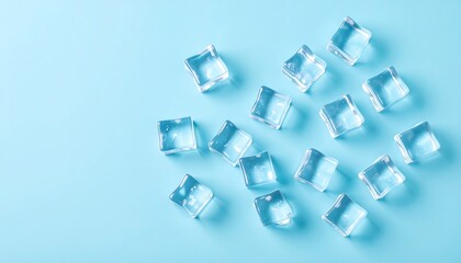 Scattered clear ice cubes on a light blue background