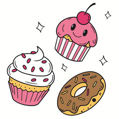 Pink frosted cupcake with cherry donut and sprinkles frosting