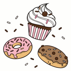 Pink frosted donut chocolate donut cupcake with sprinkles cookie frosting
