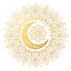 golden crescent moon with floral mandala glow m