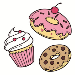 Pink frosted donut with cherry cupcake and chocolate chip cookie white