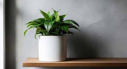 Peace lily plant in white pot on wooden shelf