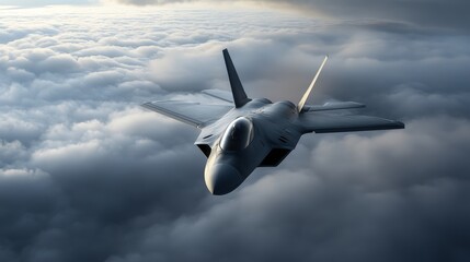 Fototapeta premium Stealth fighter aircraft flying through clouds with radar-evading surface, cinematic lighting