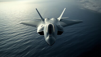 Naklejka premium Stealth fighter jet flying low over ocean, radar-absorbing surface, futuristic weaponry