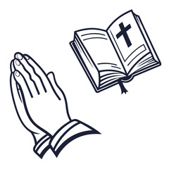 Praying hands and open bible with cross symbol religion faith
